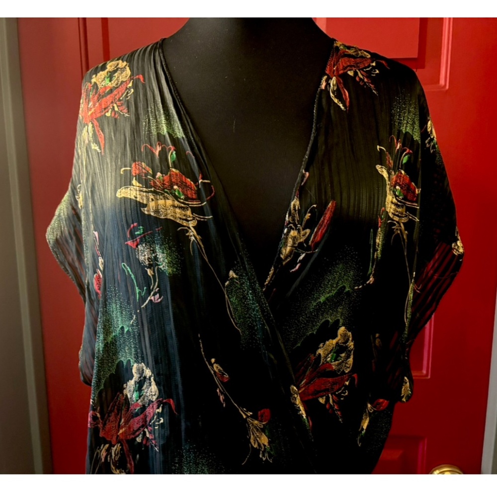 Vintage Silk Dress, red, gold & green floral pattern, wrap dress, 5-10, medium